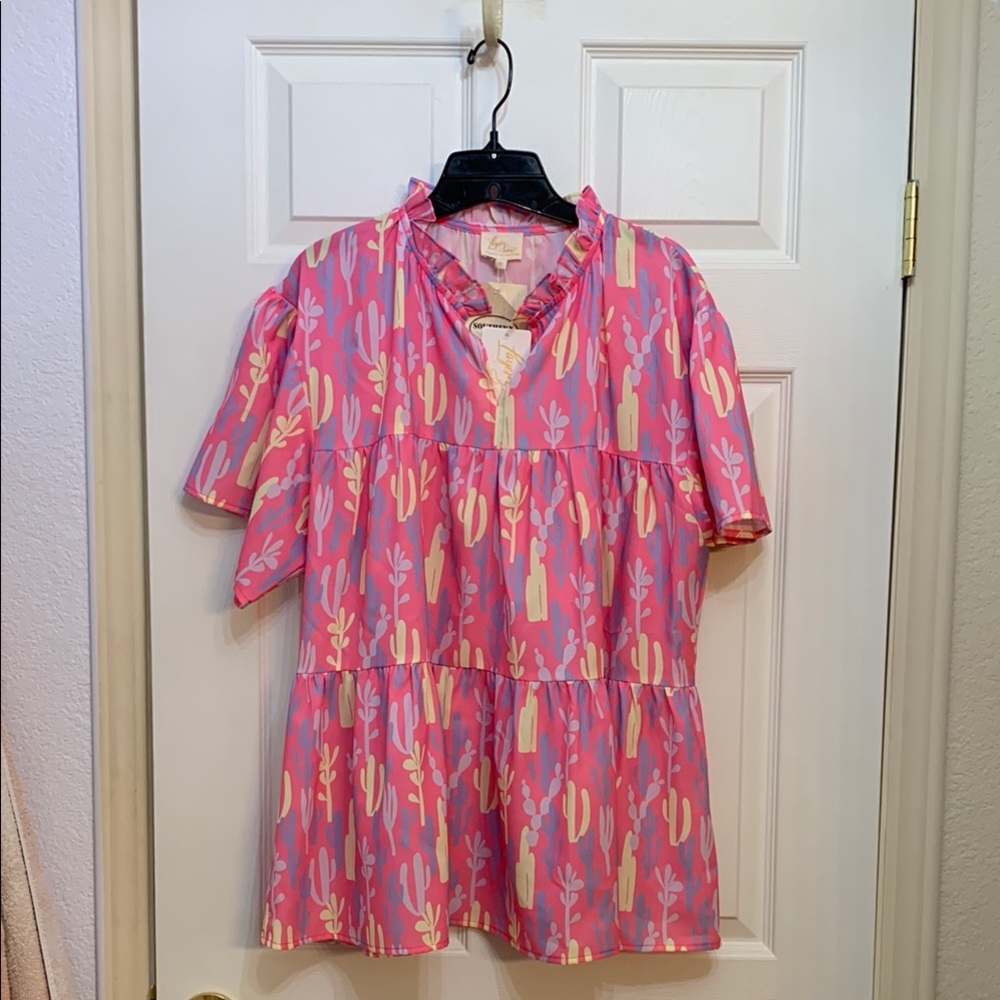 Vibrant Pink and Yellow Tiered Blouse with Short Sleeves